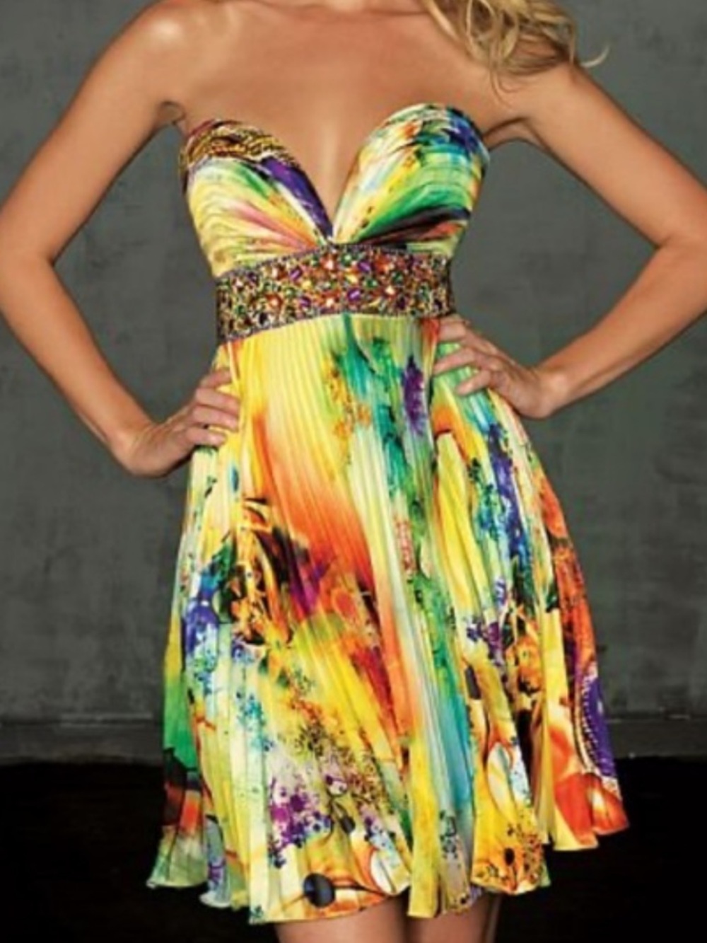 NWT- NIGHT MOVES _ Multicolor Strapless Pleated Party Dress with Jeweled Waist